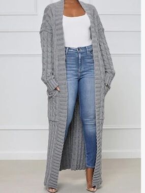 NWT Fashion Nova Long Cable Knit Open-Front Cardigan - Gray
